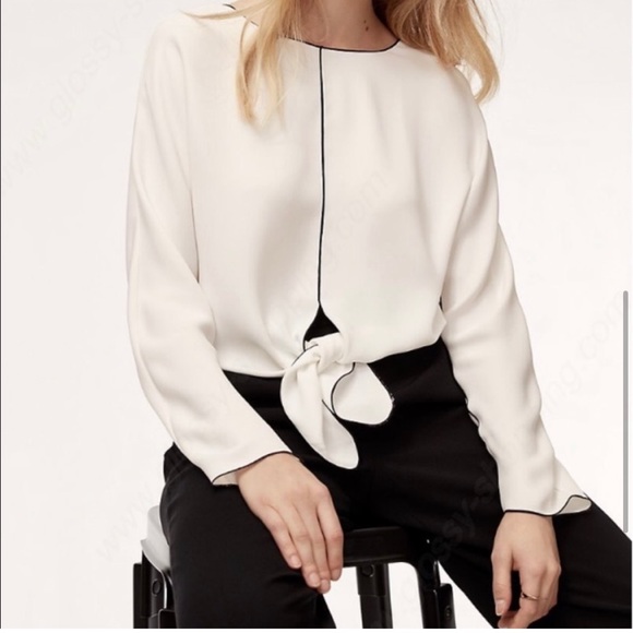 Aritzia Abasi Tie-Front Blouse - White with Black piping, XS - Picture 2 of 6